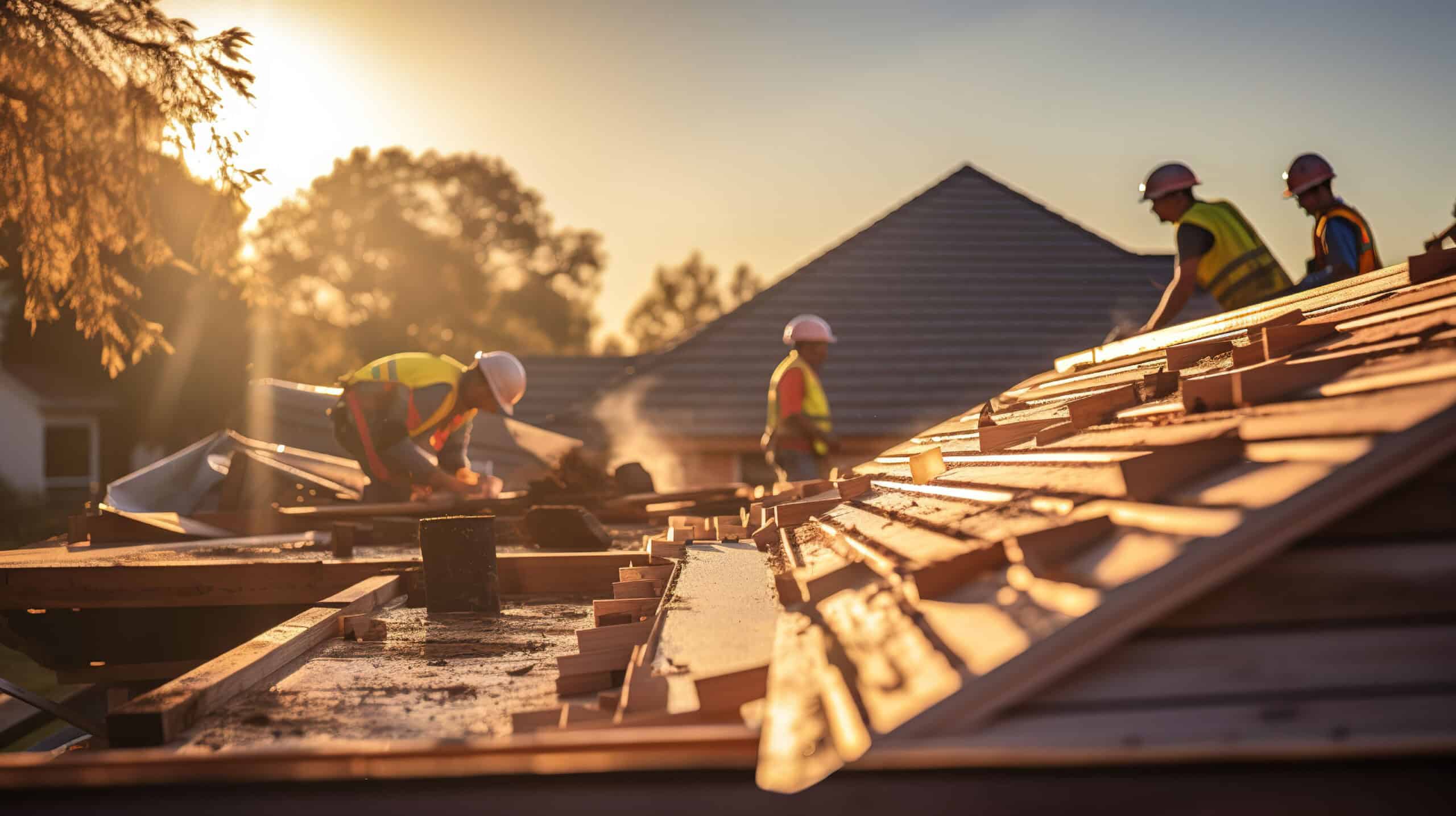 Roofing crew working at sunset